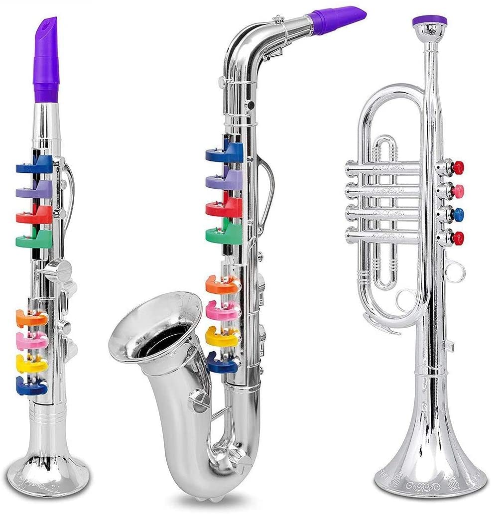 Set of 3 Kids Musical Instruments Toy Clarinet, Toy Saxophone and Toy Trumpet, 3 Wind and Brass Musical Instruments Combo with Over 10 Color Keys Coded Teaching Songs for Toddlers