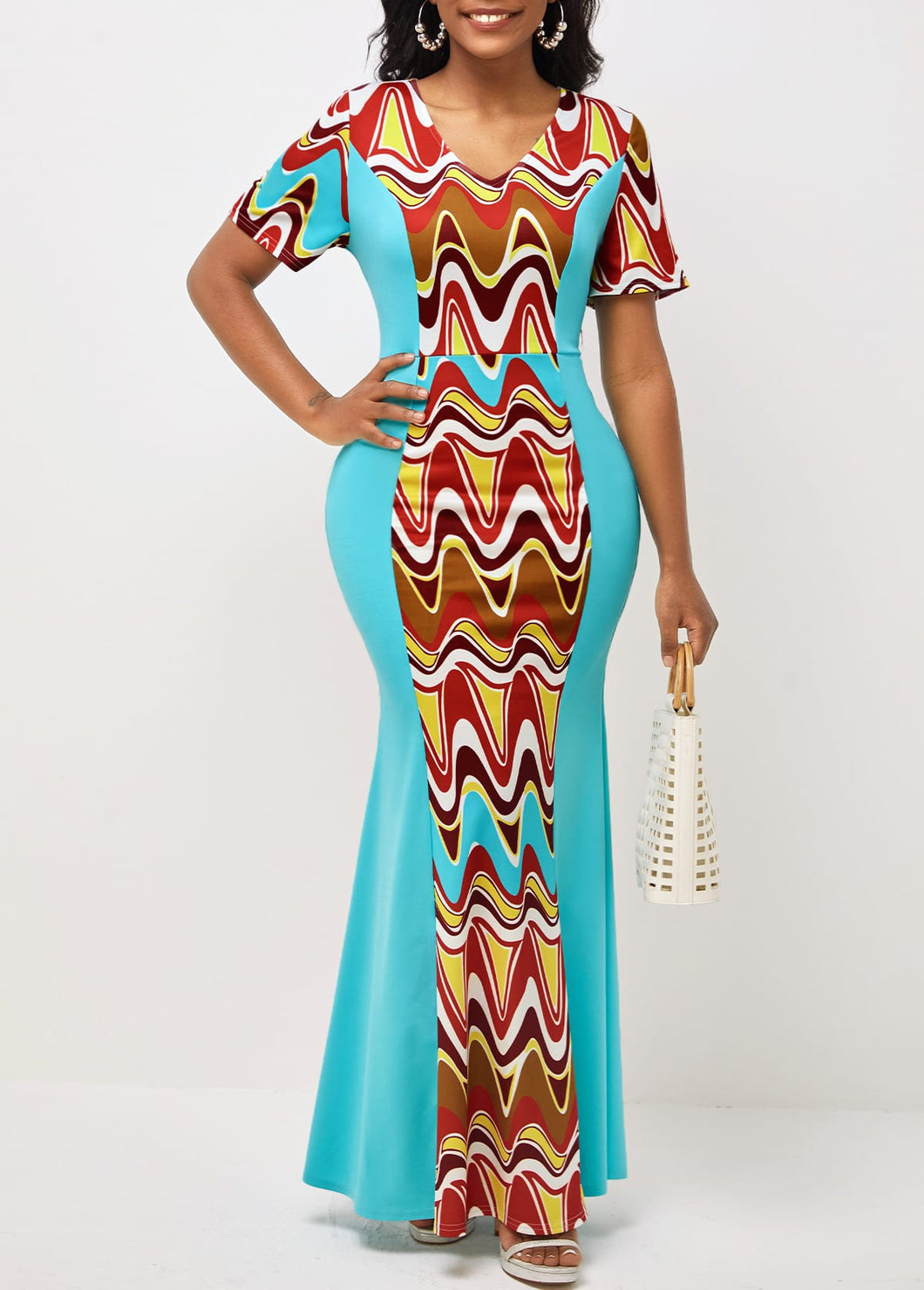 SALE Cyan Tribal Print Short Sleeve V Neck Dress