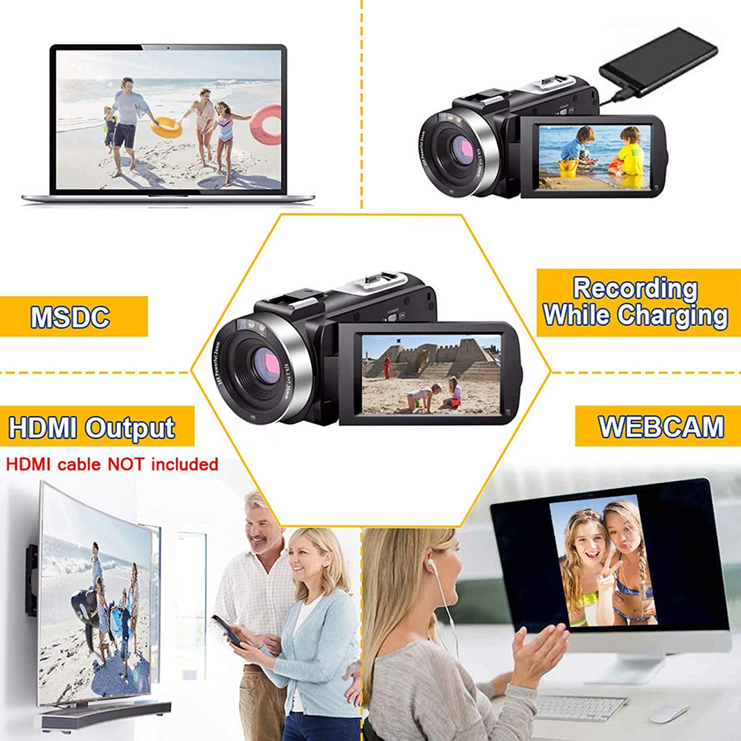 Video Camera Camcorder Full HD 1080P 30FPS 24.0 MP IR Night Vision Vlogging Camera Recorder 3.0 Inch IPS Screen 16X Zoom Camcorders Camera Remote Control with 2 Batteries