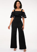 Charger l&#39;image dans la galerie, Strappy Cold Shoulder Black Ruffle Overlay Jumpsuit
