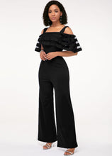 Charger l&#39;image dans la galerie, Strappy Cold Shoulder Black Ruffle Overlay Jumpsuit
