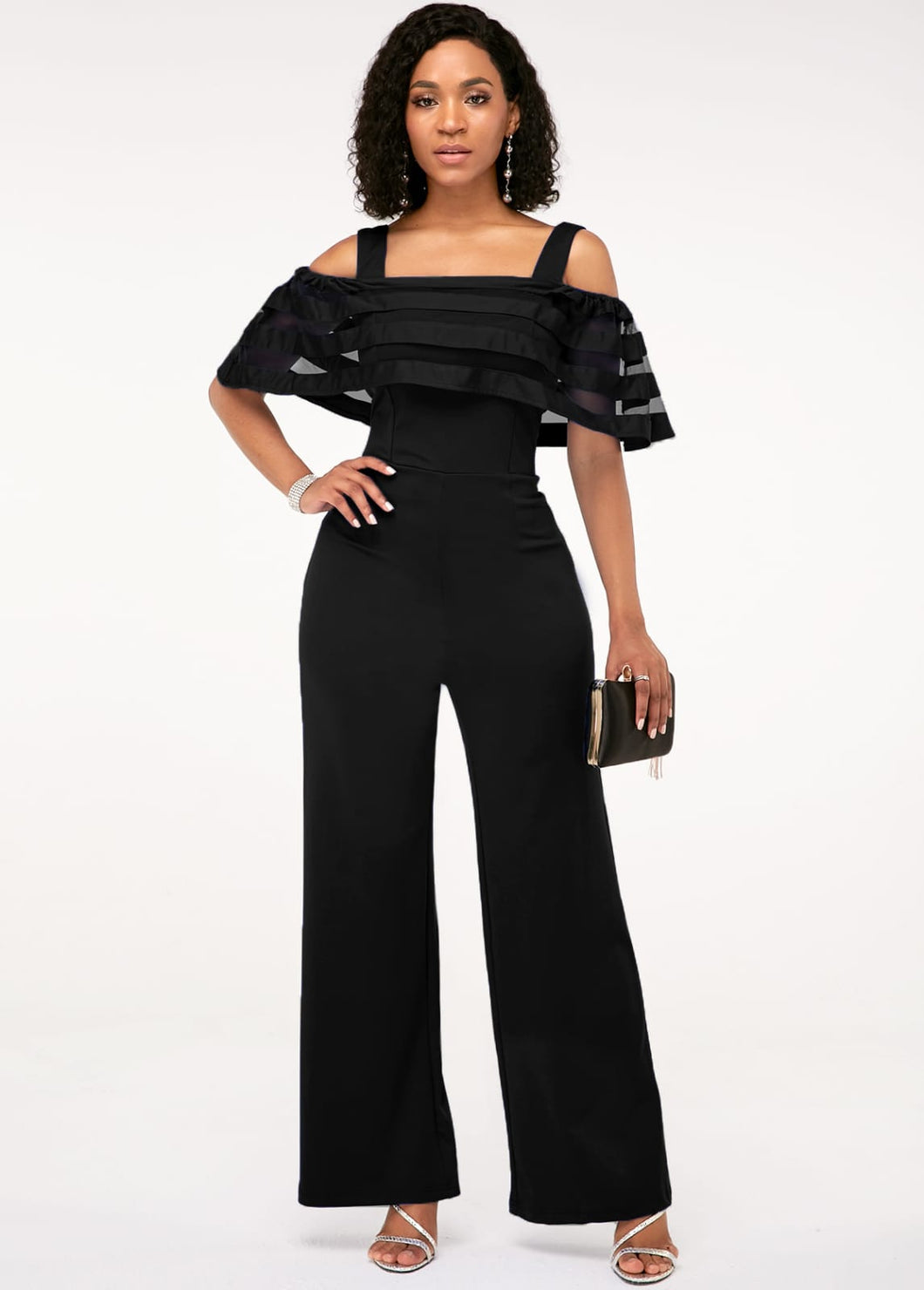 Strappy Cold Shoulder Black Ruffle Overlay Jumpsuit