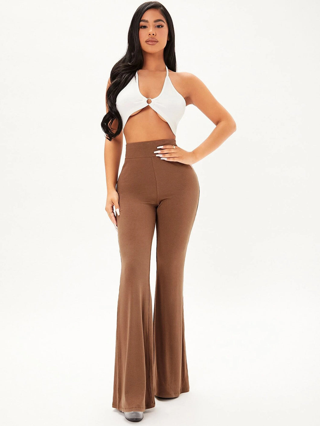 SXY Solid Rib Knit Flare Leg Pants