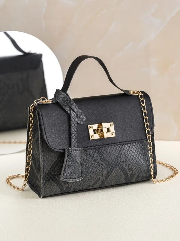 Snakeskin Turn-lock Flap Satchel Bag