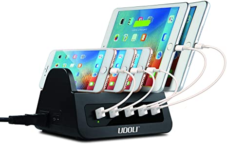 UDOLI 5 USB Ports Charging Station Organizer for Multiple Devices Fast Charging Desktop Stand for Apple Android Phone Tablet 1600W 2 AC Power Outlets Charger Dock for Home Office 3 Prong Cord Black