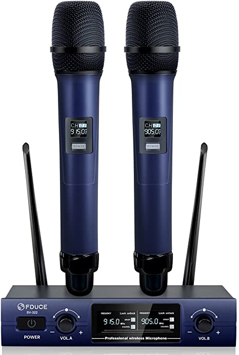 FDUCE Wireless Microphones System, Metal Dual Channel UHF Dynamic Microphone, Cordless Handheld Mics for Party, Home Karaoke, Conference Church, Wedding, Speech, SV322 (Blue)