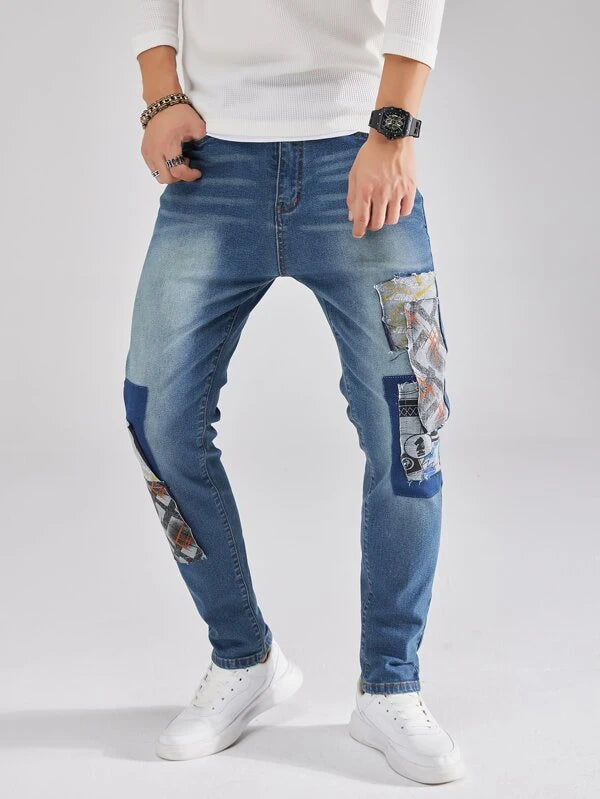 Men Geo Patched Cat Whisker Jeans