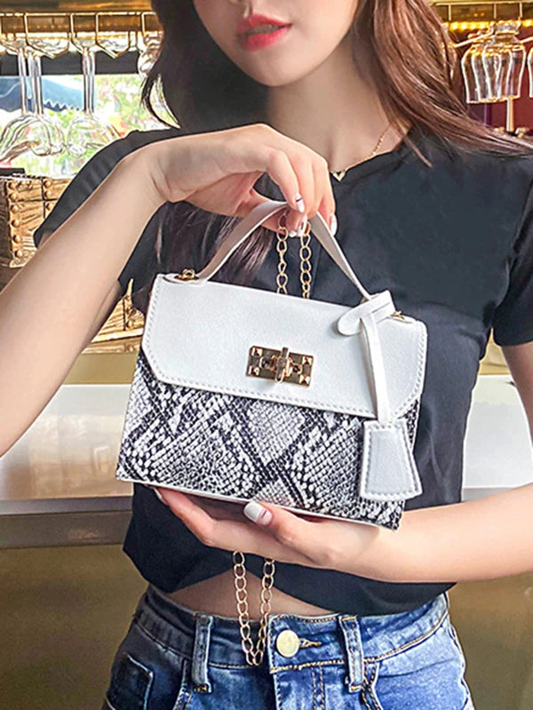 Snakeskin Print Flap Chain Bag