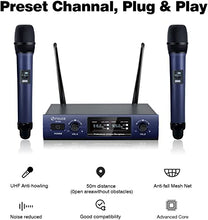 Charger l&#39;image dans la galerie, FDUCE Wireless Microphones System, Metal Dual Channel UHF Dynamic Microphone, Cordless Handheld Mics for Party, Home Karaoke, Conference Church, Wedding, Speech, SV322 (Blue)
